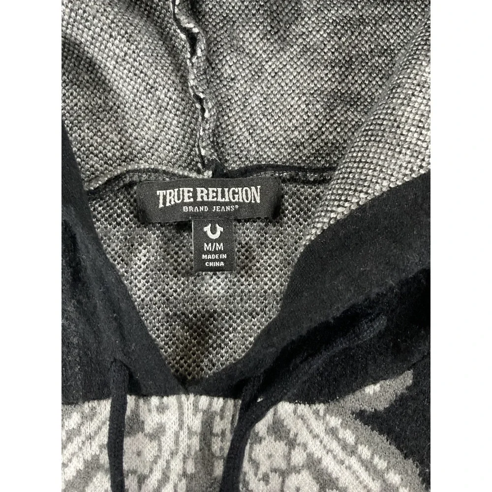 True Religion Mens Knitted Bandana Hoodie Black White Paisley Logo Sweater M 938